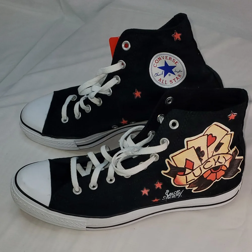 Black canvas Sailor Jerry "Lucky" Converse high-tops size 12 - Picture 1 of 5